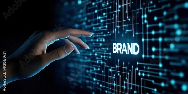 Obraz futuristic technology concept for brand identity, Hand touching a digital screen with glowing blue pattern and text BRAND written on it