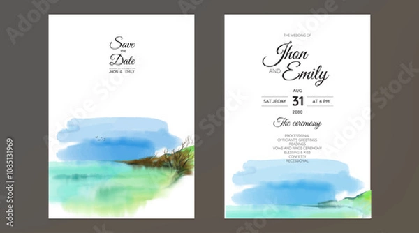 Fototapeta Set of Wedding Invitation, thank you, rsvp rustic card design with gold foil decoration. Vector elegant modern template, trendy cover, graphic poster, retro brochure, design template	