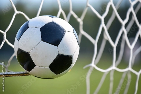 Fototapeta Soccer Ball in the Goal Net - Thrilling Match Moment