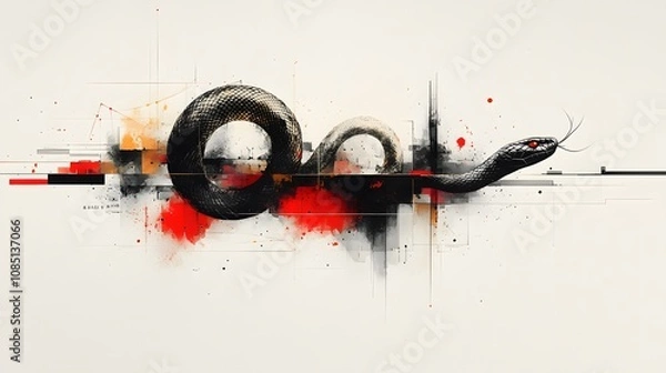 Fototapeta Contemporary art design for Chinese New Year 2025, featuring the snake zodiac symbol in red, gold, and white colors