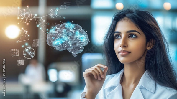 Obraz Dedicated Arab, Muslim, or Indian woman conceptualizing holographic brain tech, representing medical advancements and high-tech design creativity