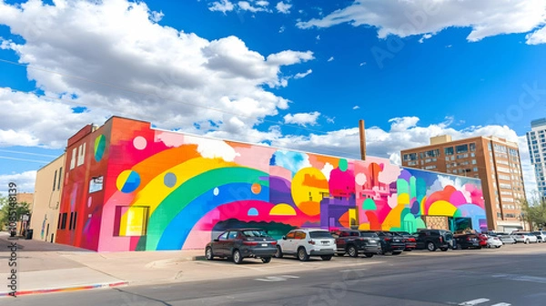 Fototapeta Colorful mural on a building featuring vibrant rainbows and abstract shapes under a blue sky.