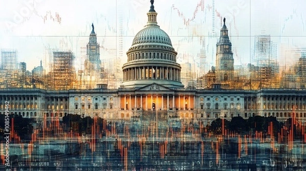 Fototapeta Capitol Building with stock market graphics overlay.
