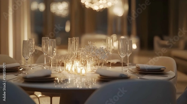 Obraz Elegant Dinner Table Setting with White Flowers and Candles - Realistic Image