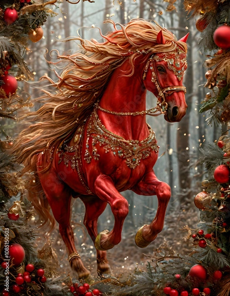 Fototapeta A magnificent red horse with beautiful luxury accessories in the forest among the trees on a New Year's background, close-up, New Year of the Horse