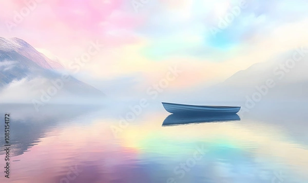 Obraz A tranquil scene featuring a lone boat on a serene lake surrounded by misty mountains.
