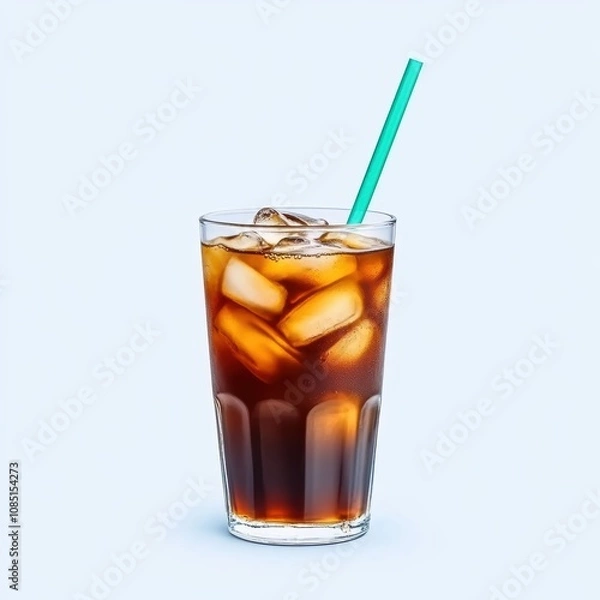 Fototapeta A refreshing glass of iced coffee with ice cubes and a green straw, set against a light blue background.