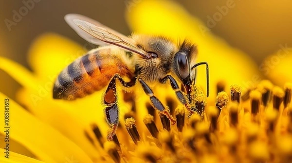 Fototapeta A close-up view of a bee collecting pollen from a bright sunflower, showcasing nature's delicate details and vibrant colors.