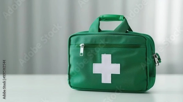Fototapeta green first aid kit on a table for emergency preparedness and safety.