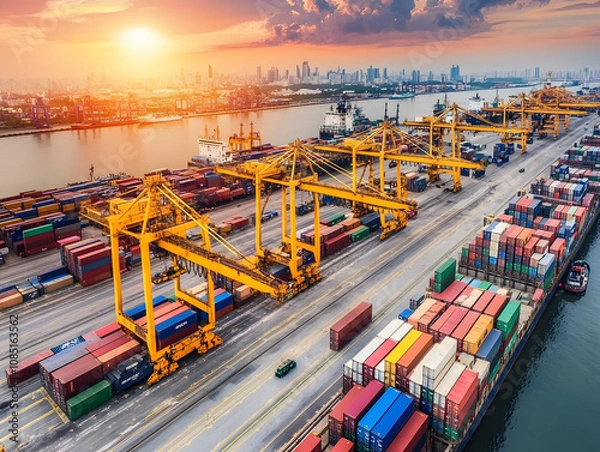 Fototapeta busy port with cranes unloading containers at sunset, vibrant colors enhance bustling atmosphere. skyline in background adds to industrial scene dynamic energy