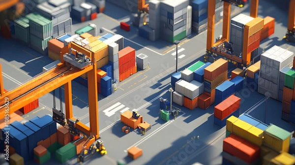 Fototapeta busy shipping yard with colorful containers and towering cranes under clear sky. Workers and vehicles are actively moving around, creating dynamic and industrious atmosphere