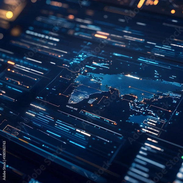 Fototapeta close up of logistics software interface displaying world map with data overlays, highlighting global connectivity and digital information flow