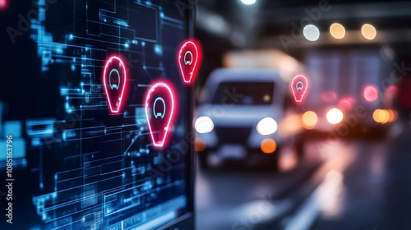 Fototapeta close up of logistics tracking system on screen, with glowing location markers and blurred delivery trucks in background, illustrating modern transportation technology
