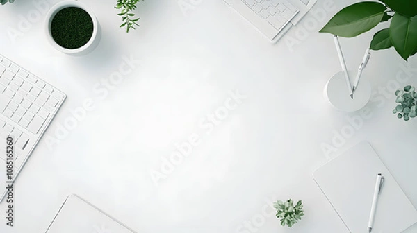 Fototapeta minimalist workspace with focus on greenery and organization, featuring white desk, keyboard, and plants for clean and refreshing atmosphere