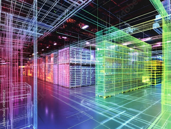 Fototapeta modern warehouse with advanced inventory management technology, featuring colorful digital overlays representing efficient logistics and storage systems