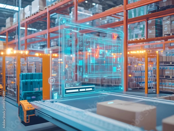 Fototapeta modern warehouse with advanced inventory management technology, featuring automated systems and digital interfaces for efficient logistics and storage solutions