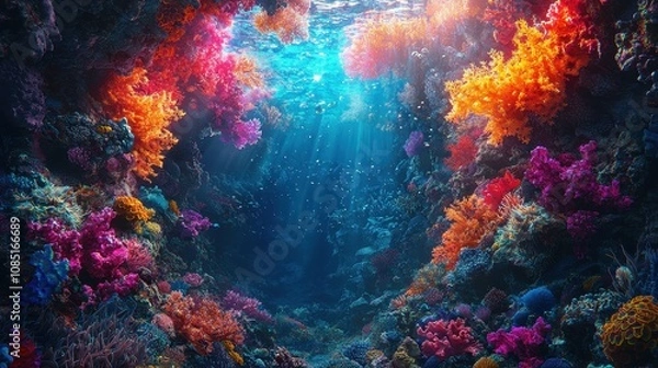 Obraz Abstract glowing shapes flow through a vibrant underwater cave filled with colorful marine life. The surreal light adds depth and mystery to the aquatic environment 