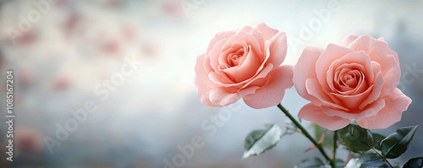 Fototapeta The background of Hushed Rose Mist is inspired by the delicate beauty of blooming pink roses in a serene garden, capturing the essence of tranquility and elegance.