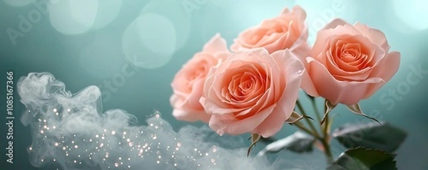 Fototapeta The background of Hushed Rose Mist is inspired by the delicate beauty of blooming pink roses in a serene garden, capturing the essence of tranquility and elegance.
