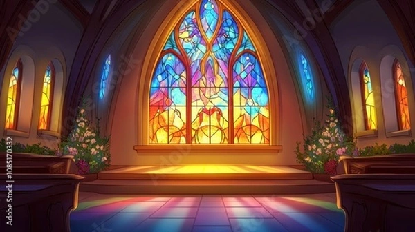 Fototapeta Detailed stained glass window with vibrant colors and ornate framing, soft glowing light, and room for text below