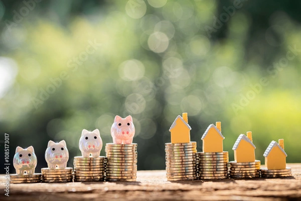 Obraz Home model and piggy bank put on top the stack gold coin with compare put on the wood in the public park, Saving money for buy house or loan for plan business investment of real estate concept.