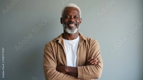 Obraz A senior black afro man with gray hair and a beard stands against a gray wall, smiling confidently with his arms crossed, dressed casually for a relaxed atmosphere