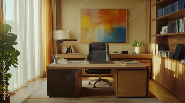 Fototapeta Modern Home Office Interior Design with Abstract Painting Illustration
