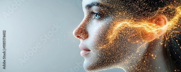 Fototapeta The female face is beautifully formed by thousands of glowing particles, gently outlining her features with an ethereal and mesmerizing effect