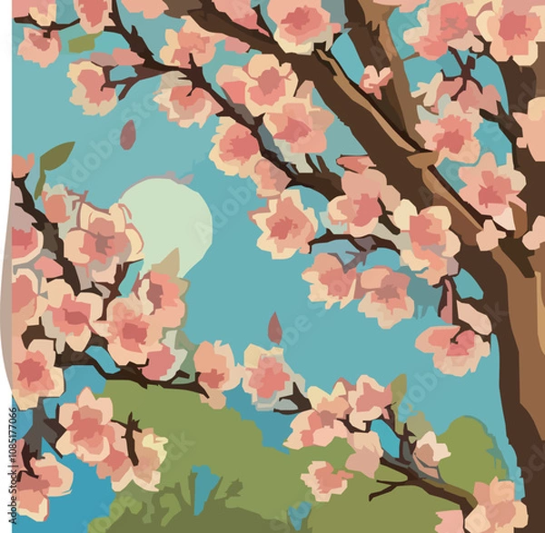 Obraz 空と月と桜 - 幻想的な春の風景イラスト 