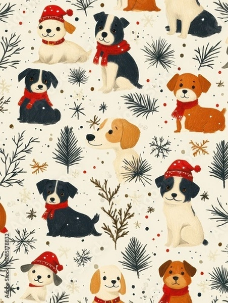 Obraz A collection of dogs wearing red hats and scarves