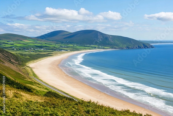 Fototapeta Breathtaking Irish Coastal Landscape with Rolling Green Fields, Rugged Cliffs, Crystal Blue Ocean, and Idyllic Countryside Views