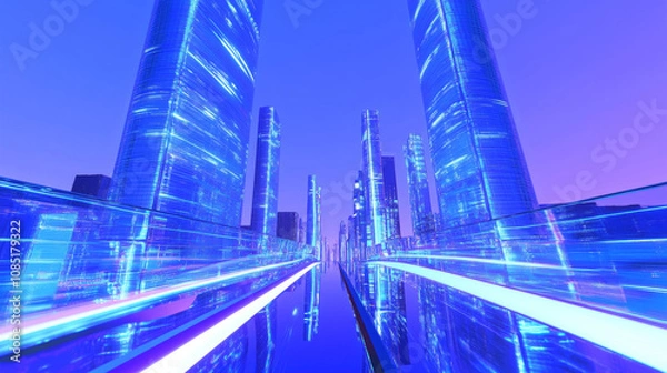 Fototapeta 3D futuristic cityscape skyscrapers with neon lights and holographic road blue background. glossy glass texture reflection technology urban landscape wallpaper
