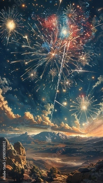 Fototapeta A breathtaking night sky filled with vibrant fireworks, illuminating the distant mountains and creating a sense of celebration and wonder.