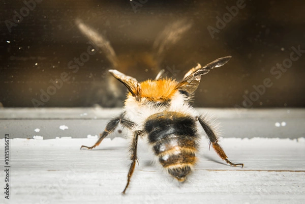 Fototapeta Nahaufnahme einer erschöpften Hummel hinter einer schmutzigen Glasscheibe, Deutschland