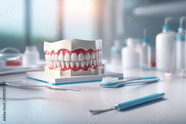 Fototapeta 3d illustration of dentistry with toothbrush isolated with white paper background