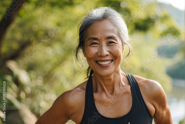 Fototapeta A woman is smiling and wearing a black tank top