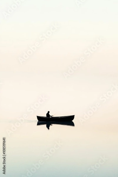 Obraz Silhouette of a lone rower in a boat.