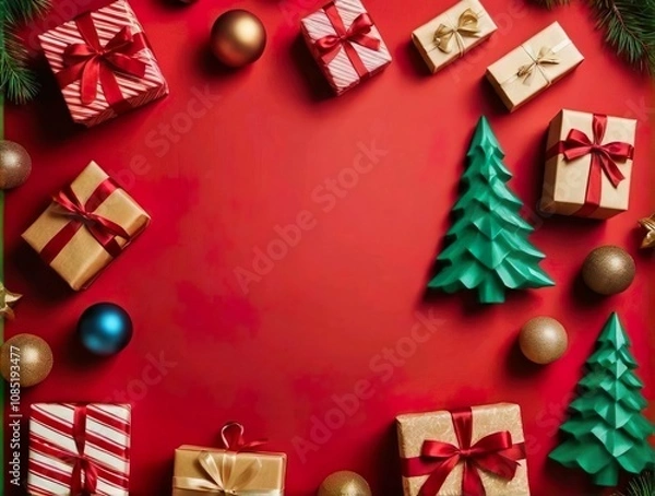 Fototapeta Christmas greetings background design. Gift boxes ornaments and decorative elements on red elegant background.