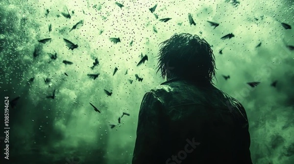 Fototapeta A figure stands in a surreal, misty environment filled with swirling moths and ethereal light.