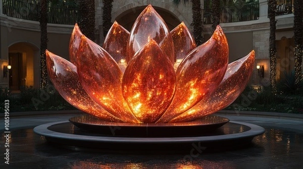 Fototapeta A large, glowing lotus sculpture made of translucent material, set in a tranquil environment.