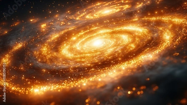 Fototapeta A mesmerizing view of swirling galaxies illuminated by golden stars in space.