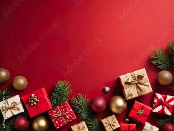 Fototapeta Christmas greetings background design. Gift boxes ornaments and decorative elements on red elegant background.