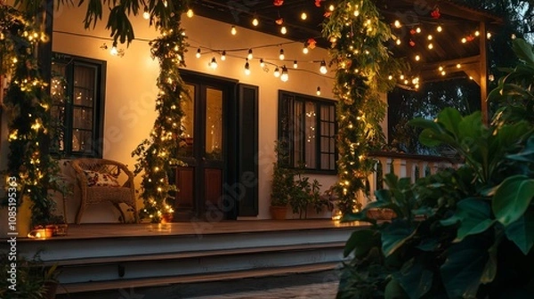 Fototapeta Decorated garland on the verandah is prepared for a date	