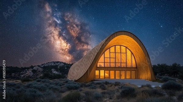 Fototapeta A modern wooden structure illuminated under a starry sky in a desert landscape.