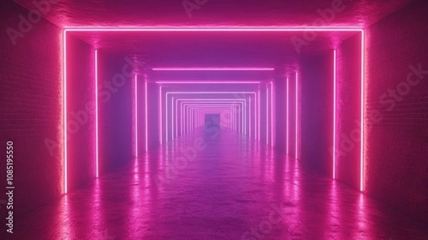 Fototapeta A neon-lit corridor with vibrant pink lights creating a futuristic ambiance.