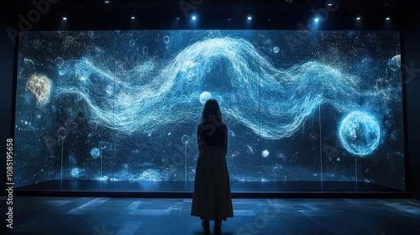 Fototapeta A person gazes at a mesmerizing digital display of cosmic phenomena.