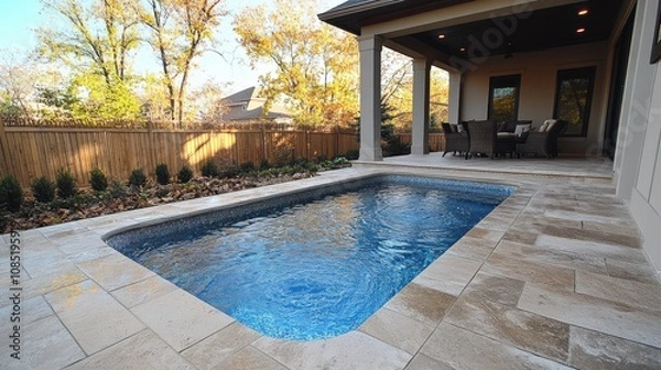 Fototapeta A serene backyard featuring a small pool and outdoor seating area surrounded by trees.