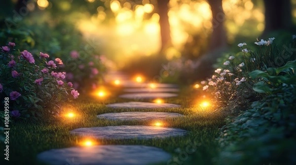 Fototapeta A serene garden path illuminated by glowing lights and surrounded by blooming flowers.