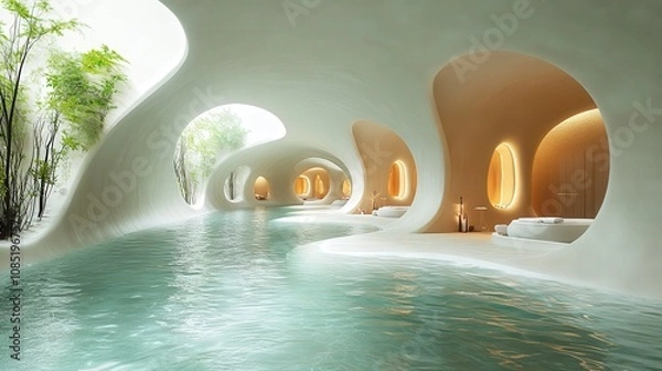Fototapeta A serene spa interior featuring flowing water and organic architecture for relaxation.