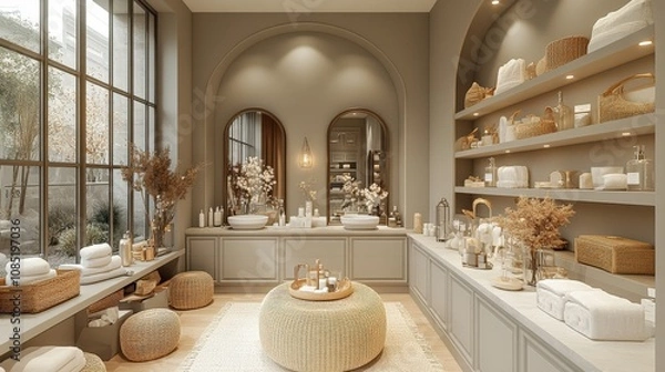 Fototapeta A serene, modern bathroom featuring elegant decor and organized shelves for relaxation.